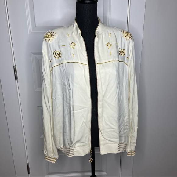 Vintage Funky Popovitch Ivory Zip-Up Jacket with Metallic Gold Sun Embroidery - Picture 3 of 9